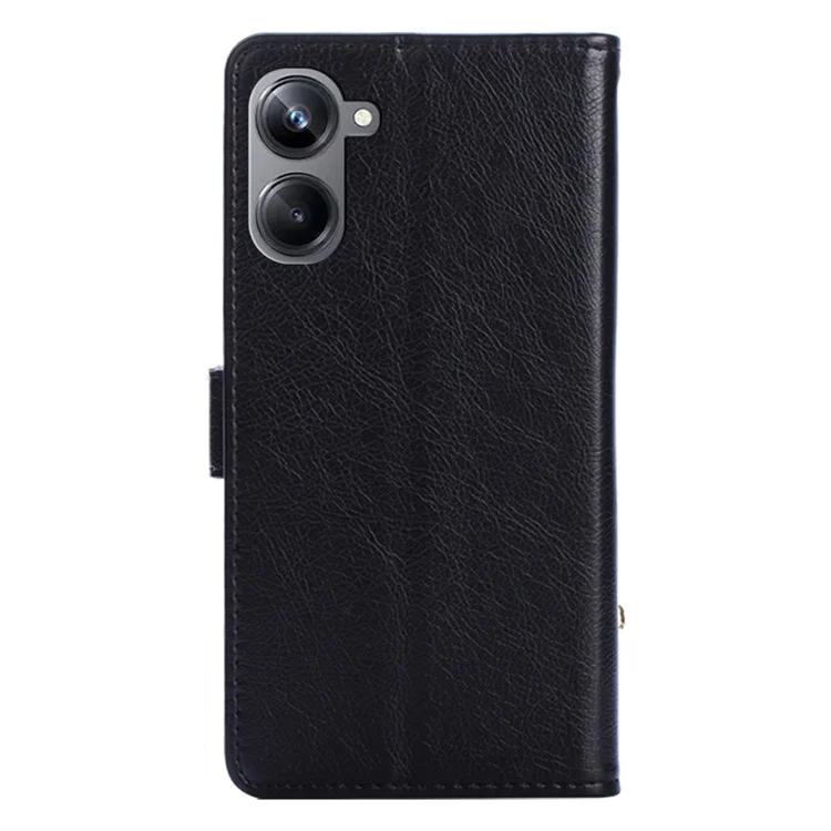 Pour Realme 10 Pro 5G Zipper Pocket Phone Case PU Leather Stand Wallet Full Protection Cover with Handy Strap - Black