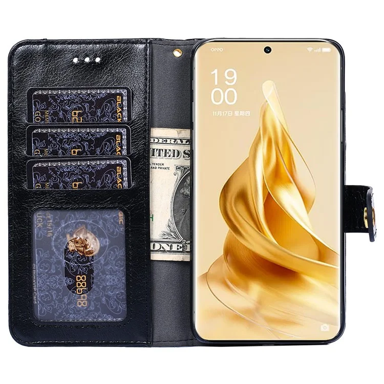 Für Oppo Reno9 Pro+ 5G Reißverschlusstaschen-Geldbörsen-Handyhülle, Pu-Leder, faltbar, mit Ständer, Folio-Klapphülle mit praktischem Trageriemen - Schwarz