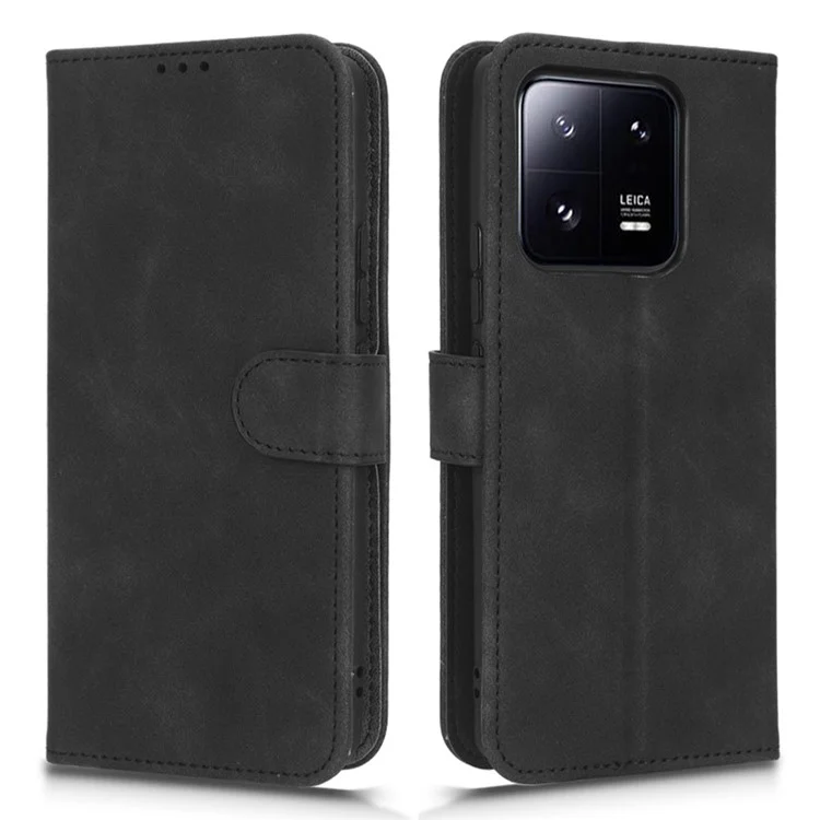 For Xiaomi 13 Pro 5G Skin-touch Feeling Cell Phone Cover Drop-proof Stand Wallet Flip Leather Case with Wrist Strap - Black