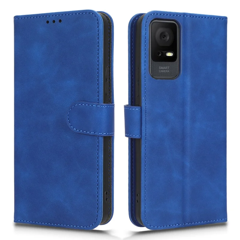 For TCL 405 Drop-Proof PU Leather Phone Case Foldable Stand Wallet Skin-Touch Feeling Flip Cell Phone Cover Stand - Blue
