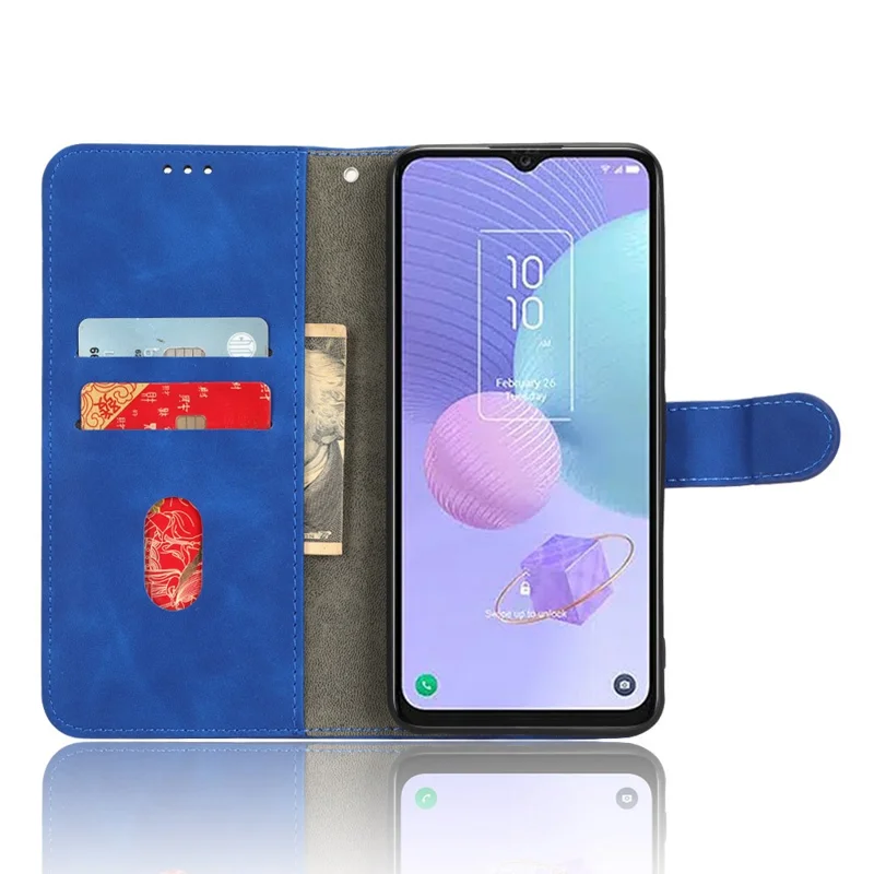 For TCL 405 Drop-Proof PU Leather Phone Case Foldable Stand Wallet Skin-Touch Feeling Flip Cell Phone Cover Stand - Blue