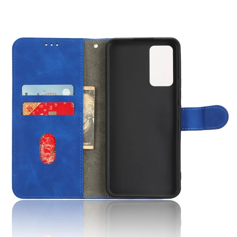For TCL 405 Drop-Proof PU Leather Phone Case Foldable Stand Wallet Skin-Touch Feeling Flip Cell Phone Cover Stand - Blue