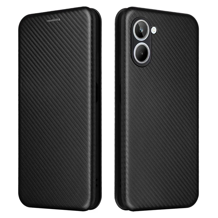 Para Realme 10 4G Anti-Scratch PU Leather Phone Case Magnetic Auto-absorbed Carbon Fiber Texture Card Slot Stand Flip Cover - Negro