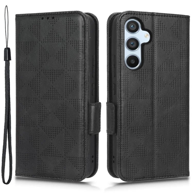 Para Samsung Galaxy A54 5G Anti-Drop PU Leather Wallet Protective Phone Case Imprinted Triangle Pattern Stand Cover with Wrist Strap - Preto