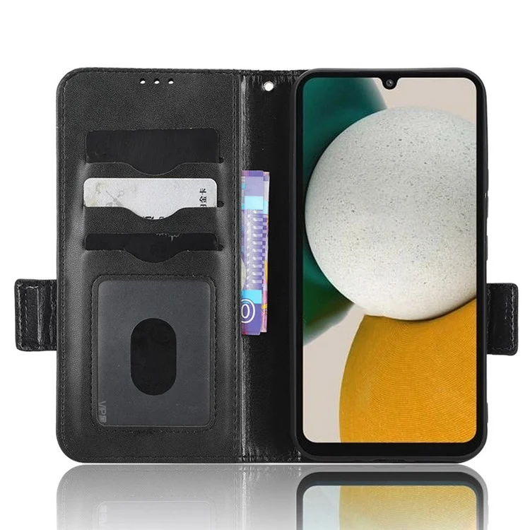 For Samsung Galaxy A34 5G Imprinted Triangle Pattern Phone Cover PU Leather Wallet Stand Cell Phone Case with Wrist Strap - Black