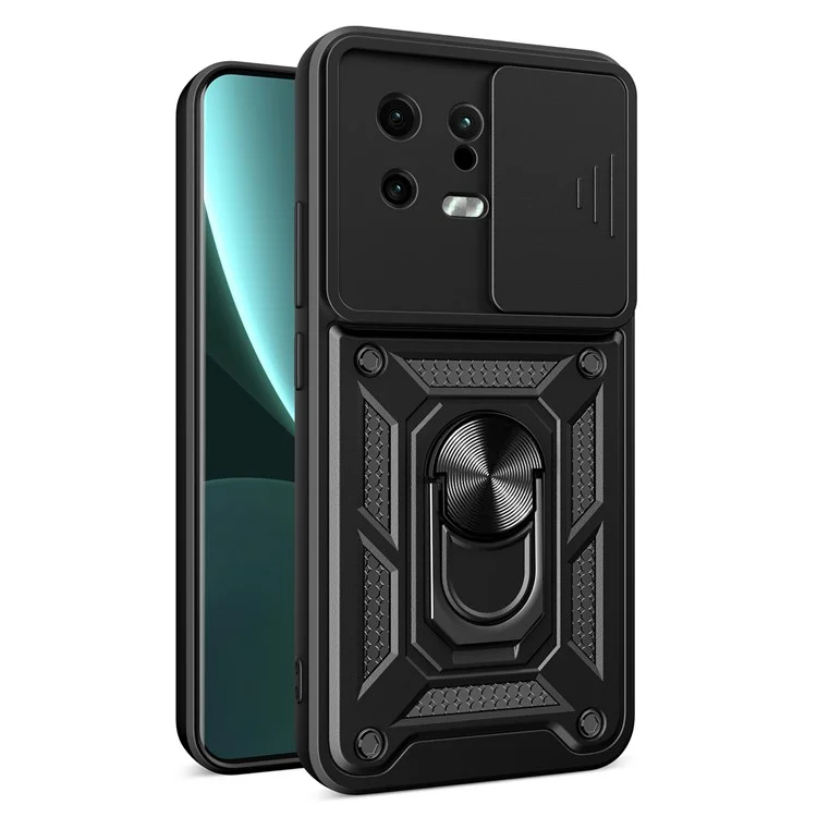 Per Xiaomi 13 5G Ring Holder Kickstand PC + TPU Hybrid Case Anti-drop Phone Cover con Slide Camera Protection - Nero