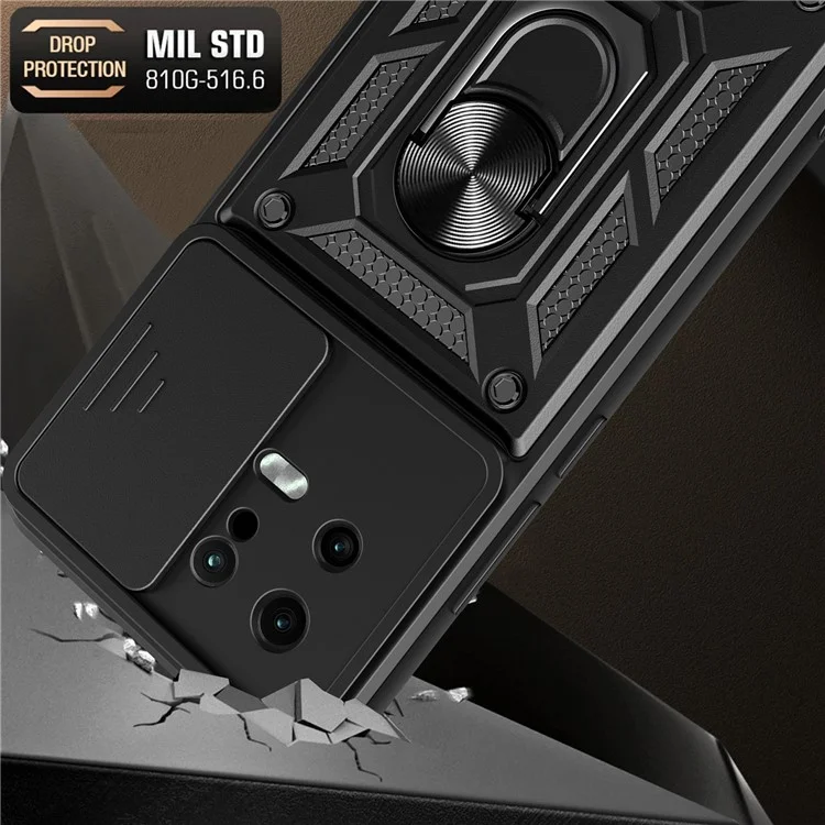 Per Xiaomi 13 5G Ring Holder Kickstand PC + TPU Hybrid Case Anti-drop Phone Cover con Slide Camera Protection - Nero