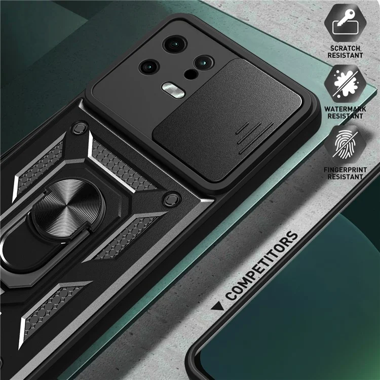 Per Xiaomi 13 5G Ring Holder Kickstand PC + TPU Hybrid Case Anti-drop Phone Cover con Slide Camera Protection - Nero