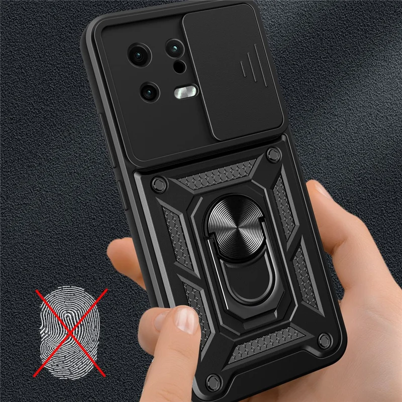 Per Xiaomi 13 5G Ring Holder Kickstand PC + TPU Hybrid Case Anti-drop Phone Cover con Slide Camera Protection - Nero