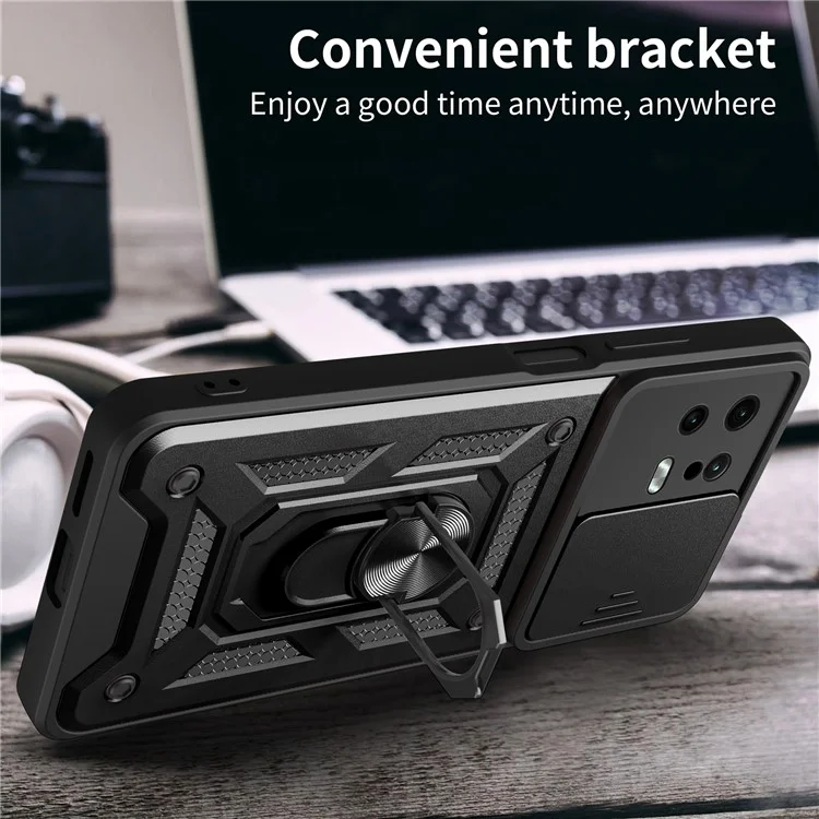 Per Xiaomi 13 5G Ring Holder Kickstand PC + TPU Hybrid Case Anti-drop Phone Cover con Slide Camera Protection - Nero