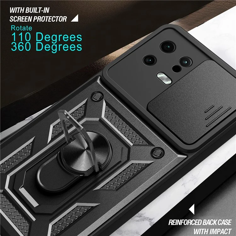 Per Xiaomi 13 5G Ring Holder Kickstand PC + TPU Hybrid Case Anti-drop Phone Cover con Slide Camera Protection - Nero