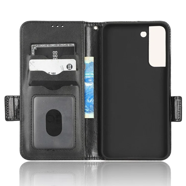 For Samsung Galaxy S23 Imprinted Triangle Pattern Phone Cover PU Leather Wallet Stand Cell Phone Case with Wrist Strap - Black
