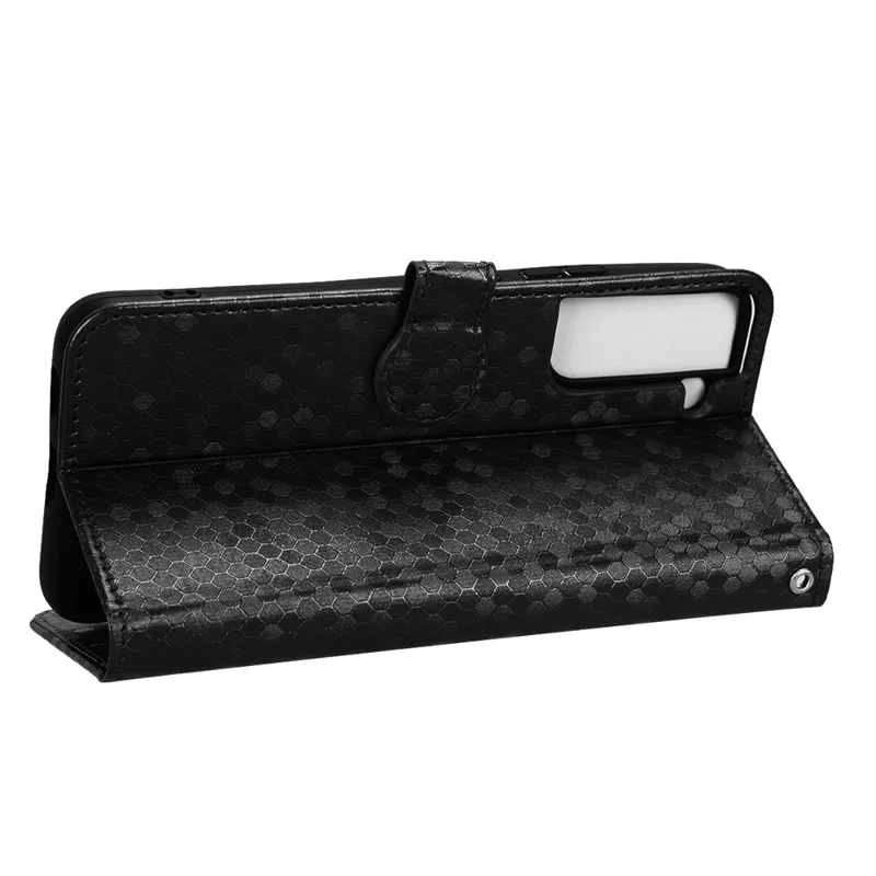 Wrist Strap Phone Shell for Samsung Galaxy S23, Dot Pattern Imprinted Phone Cover PU Leather Shockproof Wallet Stand Case - Black