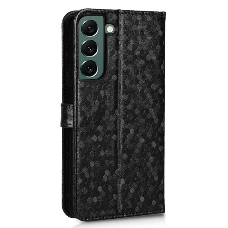 Wrist Strap Phone Shell for Samsung Galaxy S23, Dot Pattern Imprinted Phone Cover PU Leather Shockproof Wallet Stand Case - Black