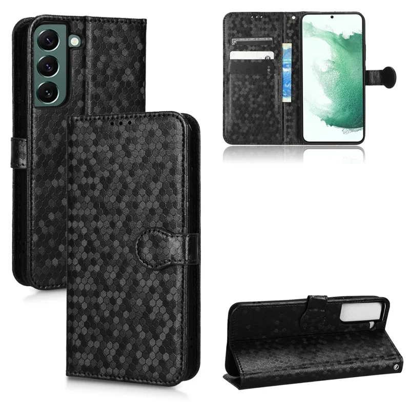 Wrist Strap Phone Shell for Samsung Galaxy S23, Dot Pattern Imprinted Phone Cover PU Leather Shockproof Wallet Stand Case - Black