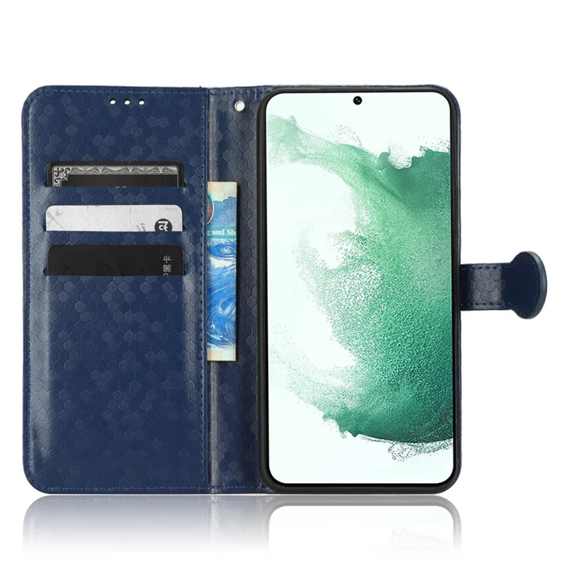 Wrist Strap Phone Shell for Samsung Galaxy S23, Dot Pattern Imprinted Phone Cover PU Leather Shockproof Wallet Stand Case - Dark Blue
