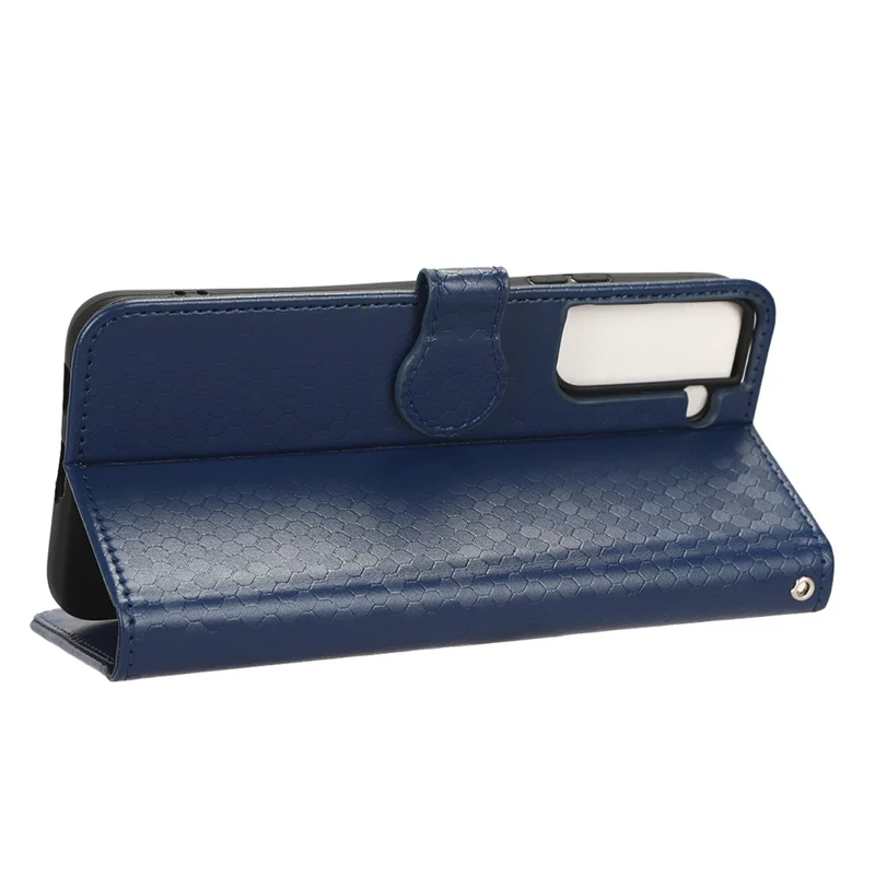 Wrist Strap Phone Shell for Samsung Galaxy S23, Dot Pattern Imprinted Phone Cover PU Leather Shockproof Wallet Stand Case - Dark Blue