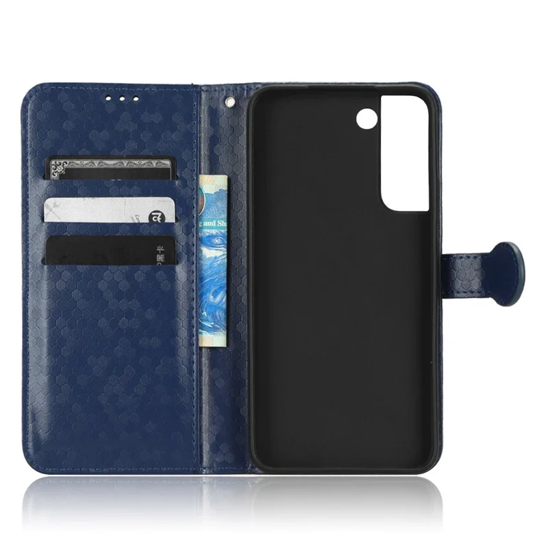 Wrist Strap Phone Shell for Samsung Galaxy S23, Dot Pattern Imprinted Phone Cover PU Leather Shockproof Wallet Stand Case - Dark Blue