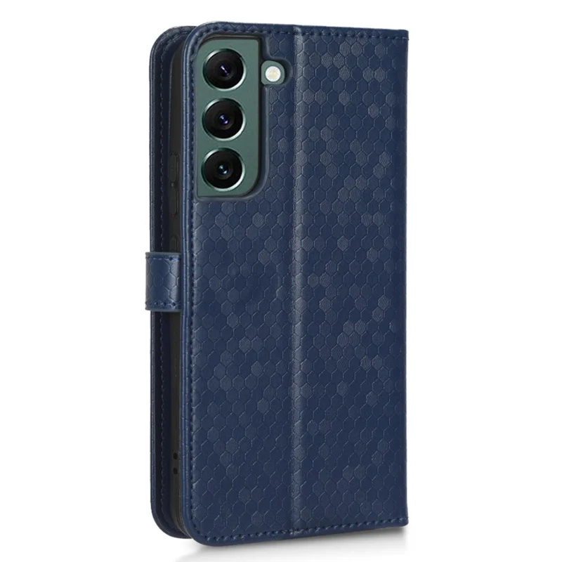 Wrist Strap Phone Shell for Samsung Galaxy S23, Dot Pattern Imprinted Phone Cover PU Leather Shockproof Wallet Stand Case - Dark Blue