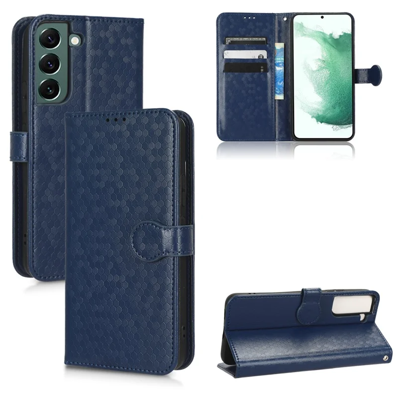 Wrist Strap Phone Shell for Samsung Galaxy S23, Dot Pattern Imprinted Phone Cover PU Leather Shockproof Wallet Stand Case - Dark Blue