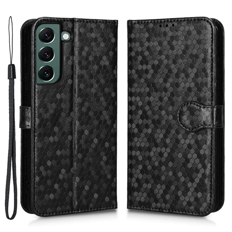 For Samsung Galaxy S23+ Mobile Phone Cover Dot Pattern Imprinted PU Leather Anti-Scratch Wallet Stand Case with Strap - Black
