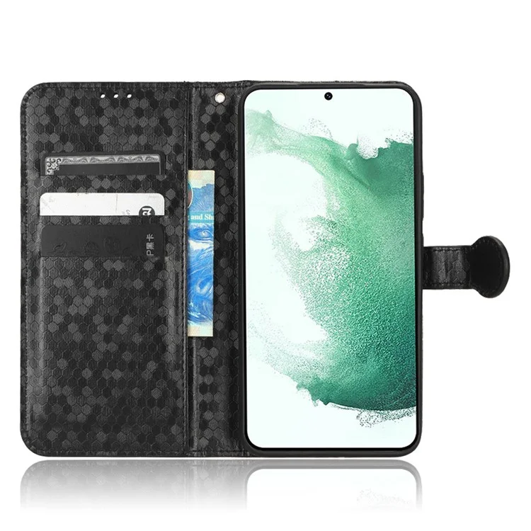 For Samsung Galaxy S23+ Mobile Phone Cover Dot Pattern Imprinted PU Leather Anti-Scratch Wallet Stand Case with Strap - Black