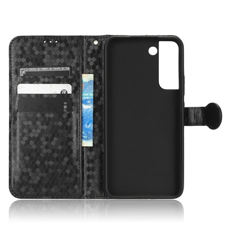 For Samsung Galaxy S23+ Mobile Phone Cover Dot Pattern Imprinted PU Leather Anti-Scratch Wallet Stand Case with Strap - Black