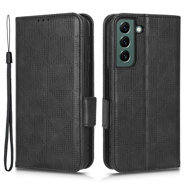 For Samsung Galaxy S23+ Cell Phone Case Imprinted Triangle Pattern Phone Cover PU Leather Wallet with Wrist Strap - Black