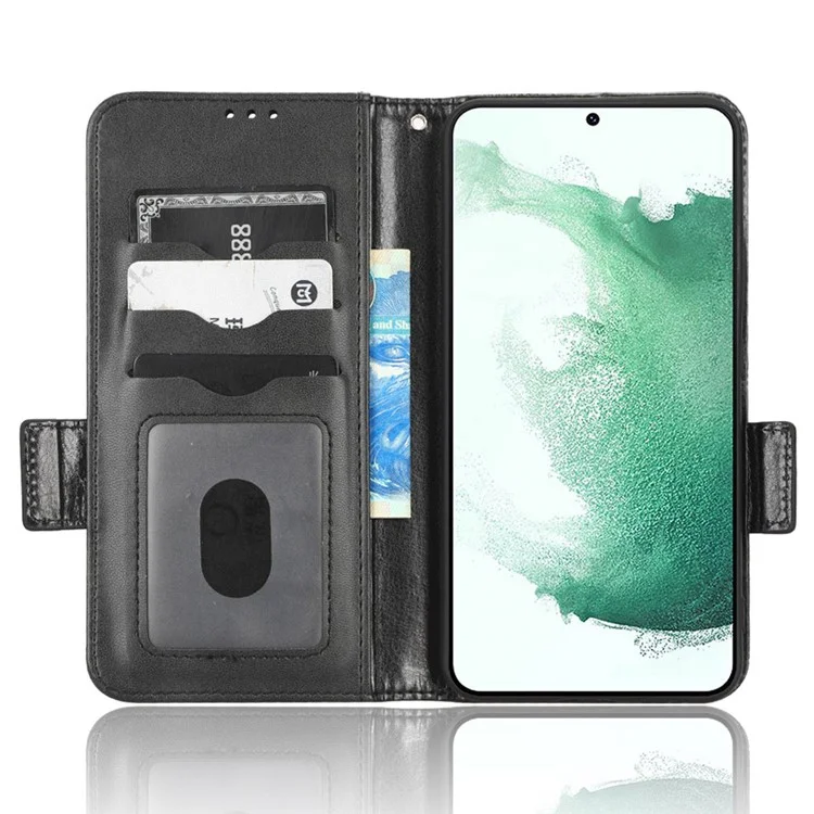 For Samsung Galaxy S23+ Cell Phone Case Imprinted Triangle Pattern Phone Cover PU Leather Wallet with Wrist Strap - Black