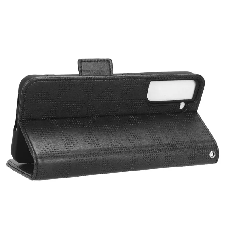 For Samsung Galaxy S23+ Cell Phone Case Imprinted Triangle Pattern Phone Cover PU Leather Wallet with Wrist Strap - Black