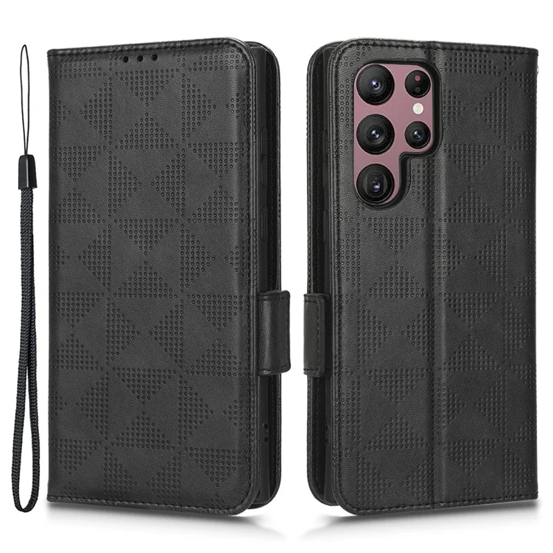 For Samsung Galaxy S23 Ultra Anti-Fingerprint Imprinted Triangle Pattern Phone Cover PU Leather Wallet Stand Mobile Phone Case with Wrist Strap - Black