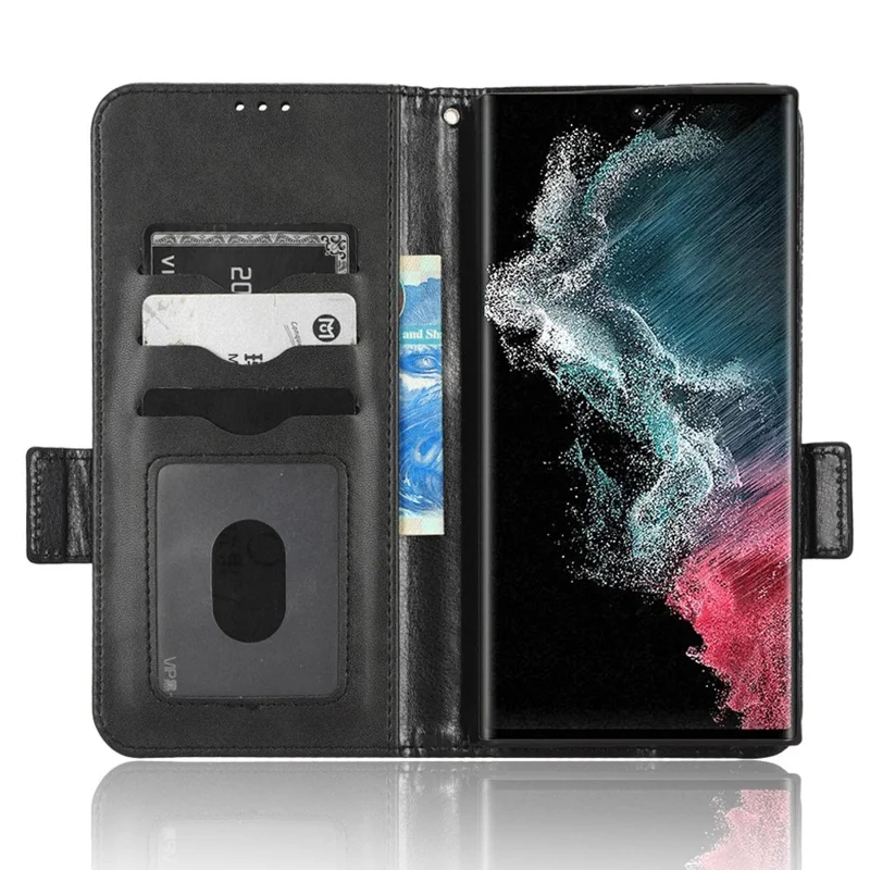 For Samsung Galaxy S23 Ultra Anti-Fingerprint Imprinted Triangle Pattern Phone Cover PU Leather Wallet Stand Mobile Phone Case with Wrist Strap - Black