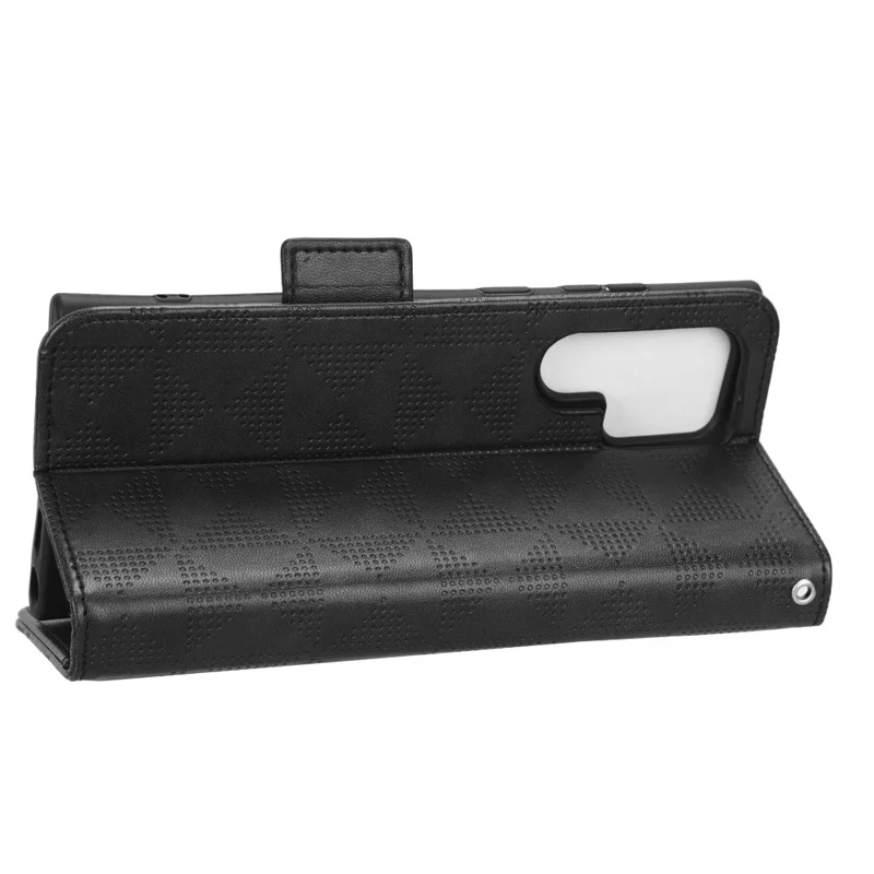 For Samsung Galaxy S23 Ultra Anti-Fingerprint Imprinted Triangle Pattern Phone Cover PU Leather Wallet Stand Mobile Phone Case with Wrist Strap - Black