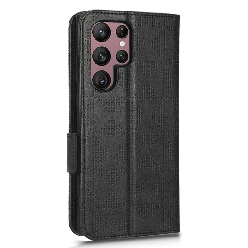 For Samsung Galaxy S23 Ultra Anti-Fingerprint Imprinted Triangle Pattern Phone Cover PU Leather Wallet Stand Mobile Phone Case with Wrist Strap - Black