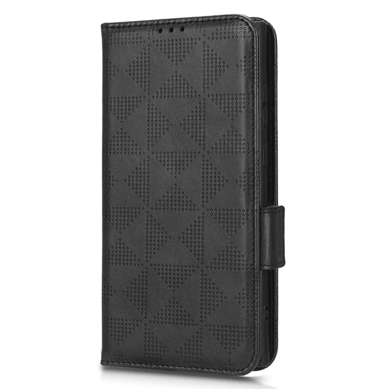 For Samsung Galaxy S23 Ultra Anti-Fingerprint Imprinted Triangle Pattern Phone Cover PU Leather Wallet Stand Mobile Phone Case with Wrist Strap - Black