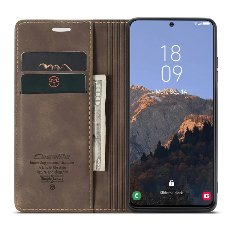 CASEME 013 Series For Samsung Galaxy S23+ Stand Function PU Leather Wallet Case Full Protection Magnetic Auto-absorbed Phone Case - Coffee