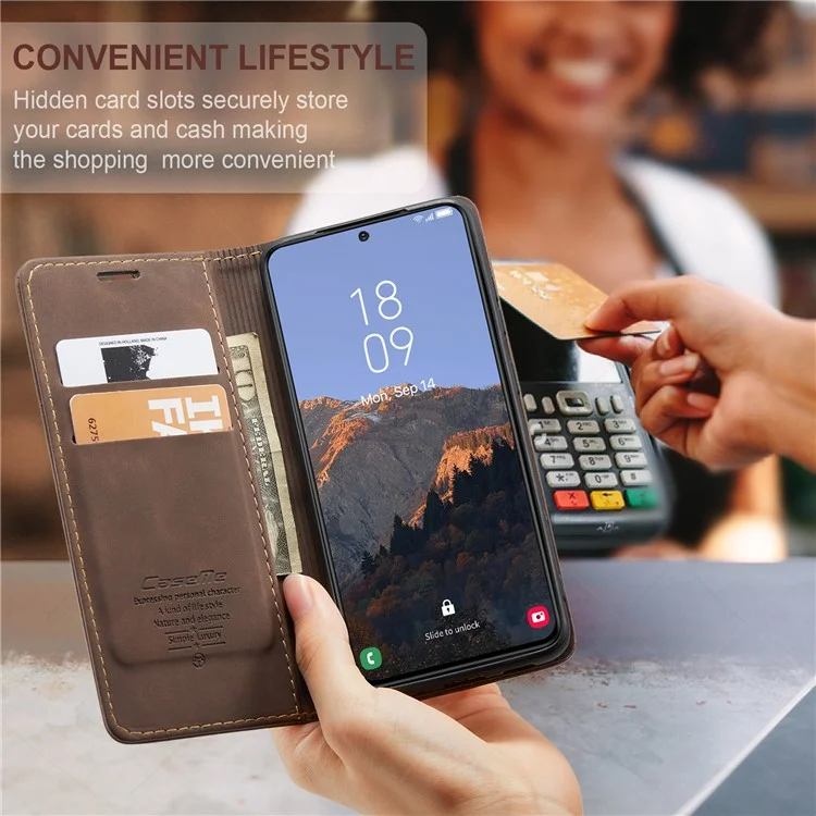 CASEME 013 Series For Samsung Galaxy S23+ Stand Function PU Leather Wallet Case Full Protection Magnetic Auto-absorbed Phone Case - Coffee