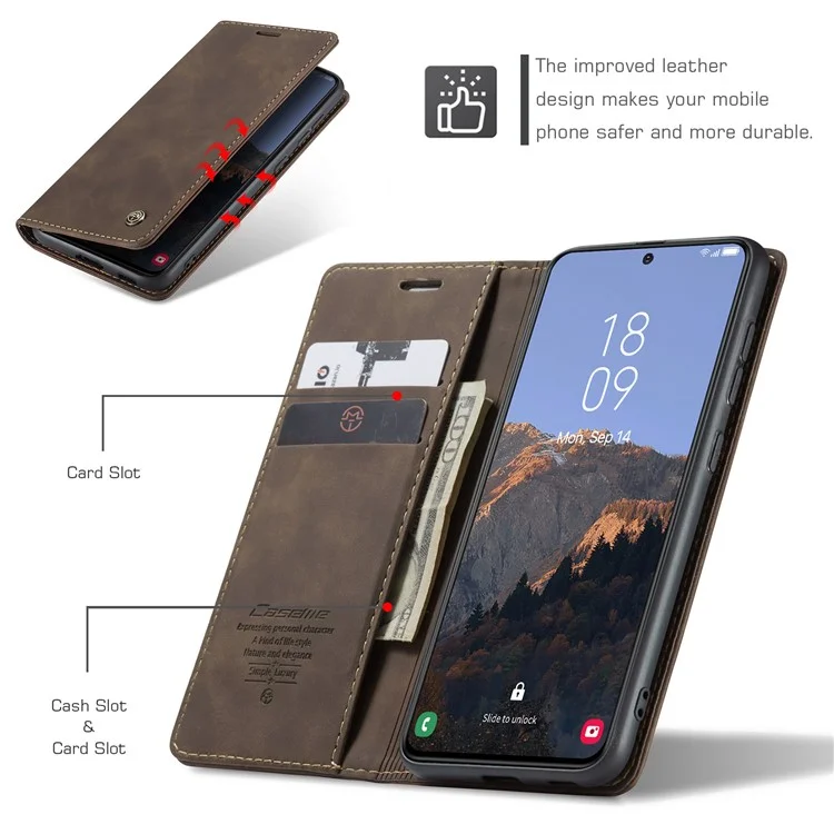 CASEME 013 Series For Samsung Galaxy S23+ Stand Function PU Leather Wallet Case Full Protection Magnetic Auto-absorbed Phone Case - Coffee