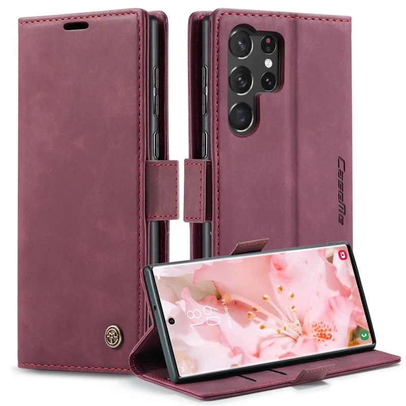 CASEME 013 Series For Samsung Galaxy S23 Ultra Stand Function Fully Wrapped PU Leather Wallet Case Magnetic Auto-absorbed Phone Case - Wine Red