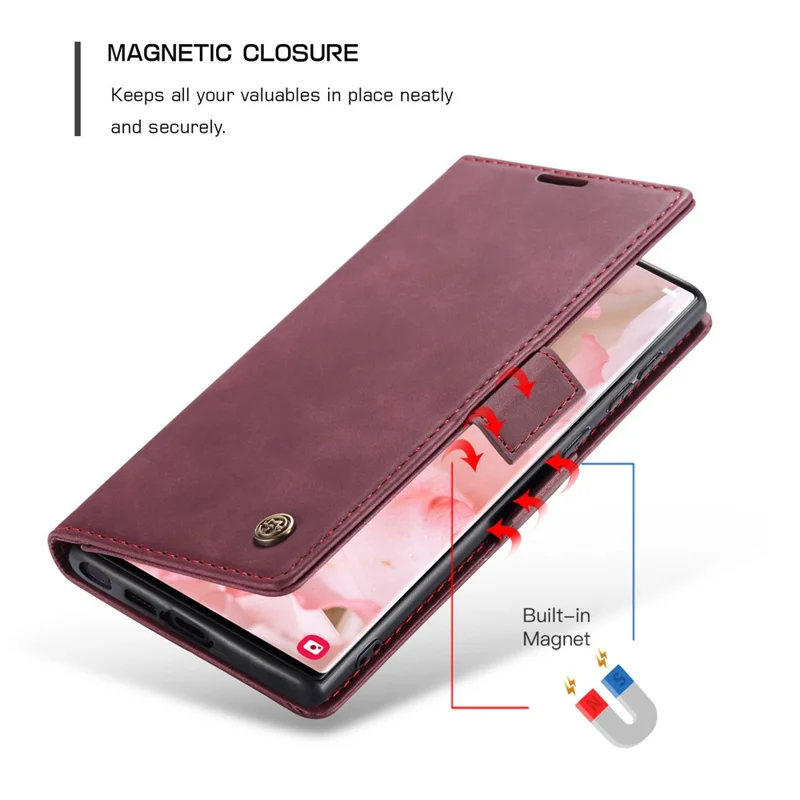 CASEME 013 Series For Samsung Galaxy S23 Ultra Stand Function Fully Wrapped PU Leather Wallet Case Magnetic Auto-absorbed Phone Case - Wine Red