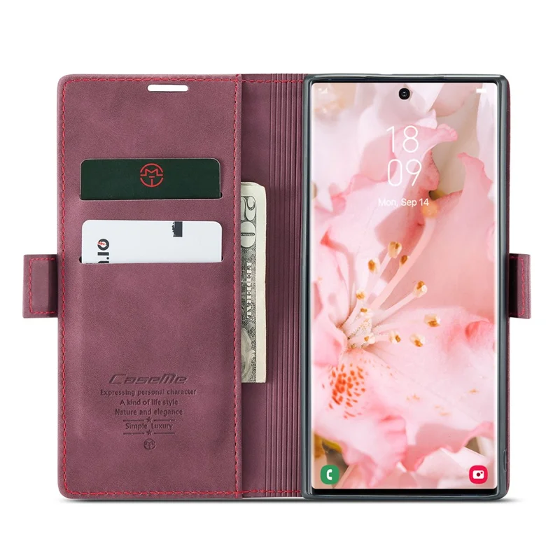CASEME 013 Series For Samsung Galaxy S23 Ultra Stand Function Fully Wrapped PU Leather Wallet Case Magnetic Auto-absorbed Phone Case - Wine Red