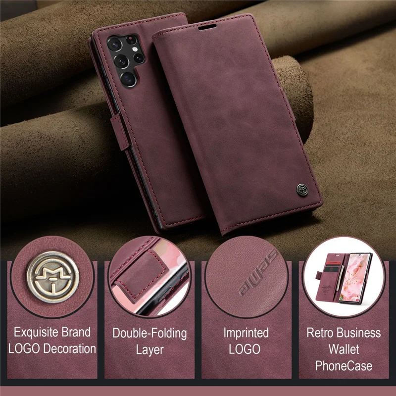 CASEME 013 Series For Samsung Galaxy S23 Ultra Stand Function Fully Wrapped PU Leather Wallet Case Magnetic Auto-absorbed Phone Case - Wine Red