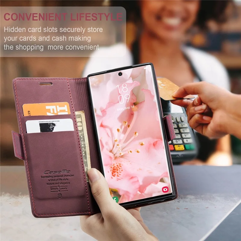 CASEME 013 Series For Samsung Galaxy S23 Ultra Stand Function Fully Wrapped PU Leather Wallet Case Magnetic Auto-absorbed Phone Case - Wine Red