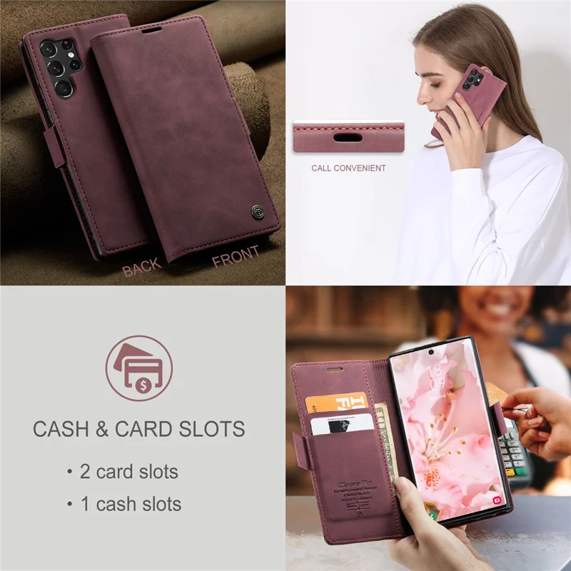 CASEME 013 Series For Samsung Galaxy S23 Ultra Stand Function Fully Wrapped PU Leather Wallet Case Magnetic Auto-absorbed Phone Case - Wine Red