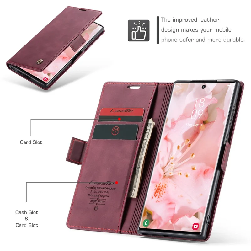 CASEME 013 Series For Samsung Galaxy S23 Ultra Stand Function Fully Wrapped PU Leather Wallet Case Magnetic Auto-absorbed Phone Case - Wine Red