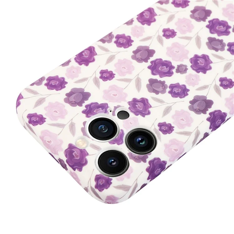 Pour iPhone 13 Pro 6.1 pouces IMD Flower Pattern Printed Phone Cover Flexible TPU Protective Case avec Lanyard - Violet