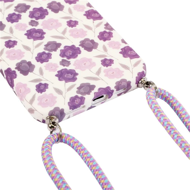 Pour iPhone 13 Pro 6.1 pouces IMD Flower Pattern Printed Phone Cover Flexible TPU Protective Case avec Lanyard - Violet