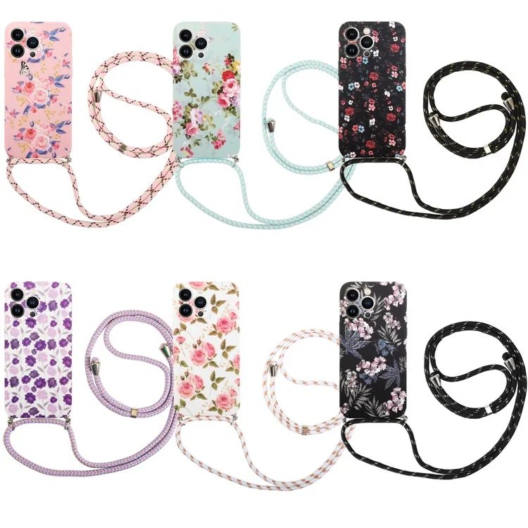 Pour iPhone 13 Pro 6.1 pouces IMD Flower Pattern Printed Phone Cover Flexible TPU Protective Case avec Lanyard - Violet