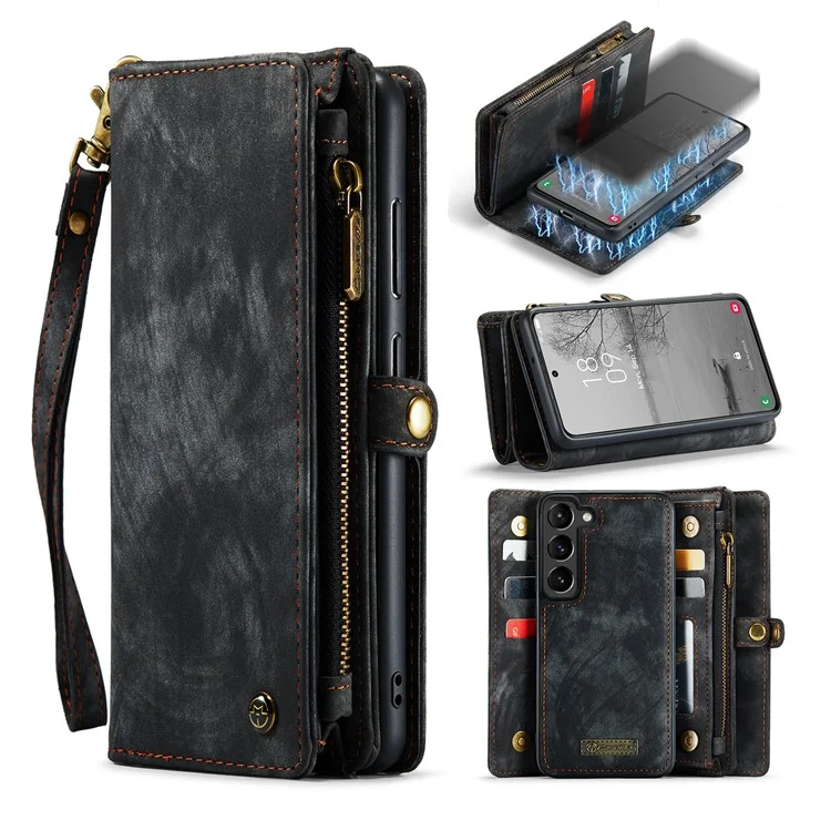 CASEME 008 Serie für Samsung Galaxy S23+ Multifunktionale PU-Leder-Hands-free-Stand-Flip-Cover Abnehmbare magnetische Reißverschluss-Geldbörse - Schwarz