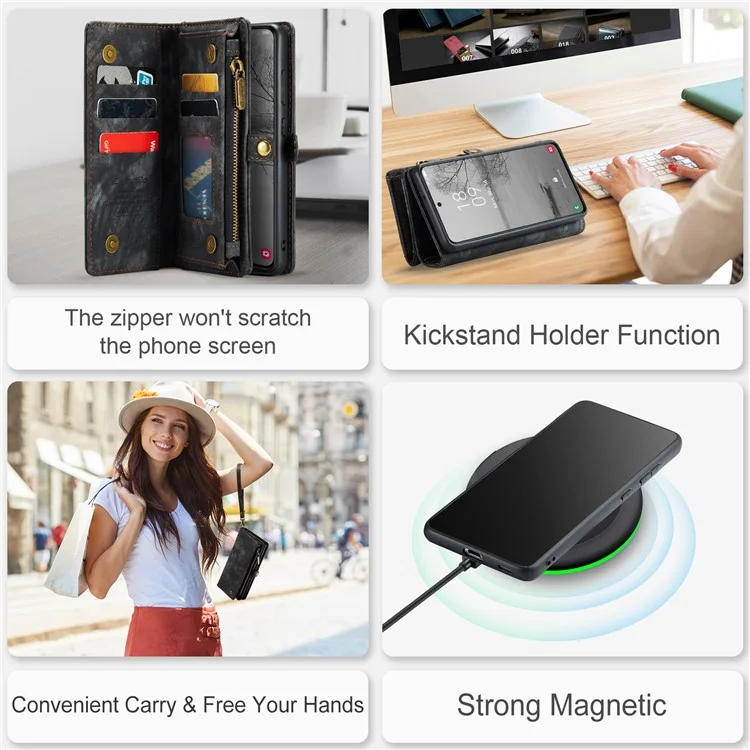 CASEME 008 Serie für Samsung Galaxy S23+ Multifunktionale PU-Leder-Hands-free-Stand-Flip-Cover Abnehmbare magnetische Reißverschluss-Geldbörse - Schwarz